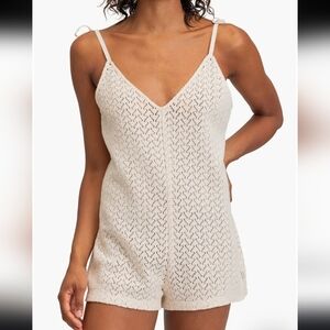 Roxy Womens Ocean Riders Open Stitch Cover-Up V-neck Romper Cream Sz Small